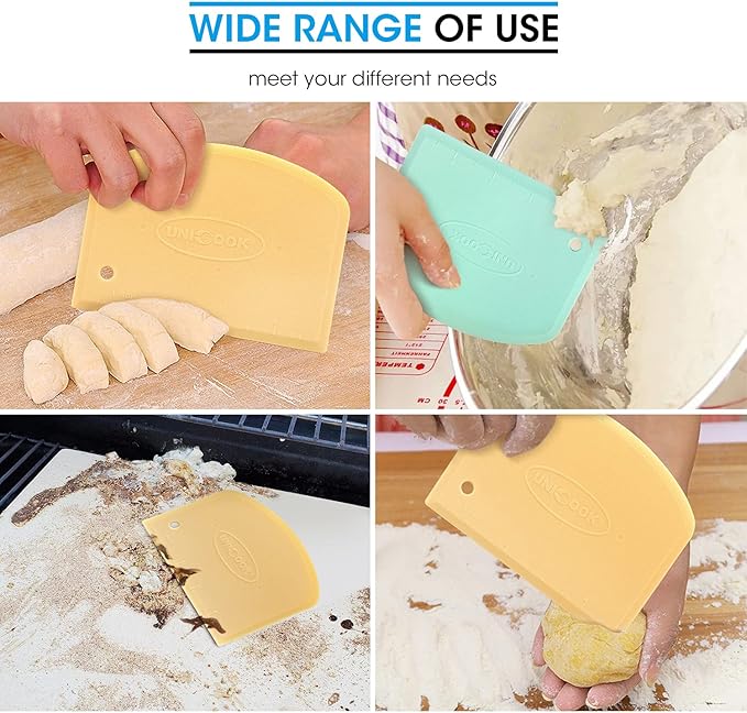 Unicook Dough Scraper, Flexible Bowl Scraper, Nonslip Bench Cutter with Measurement, Pastry Chopper, Multipurpose Kitchen Tool for Dough, Pastry, Pizza, Bread, Baking, Cake and More, 2 Pack