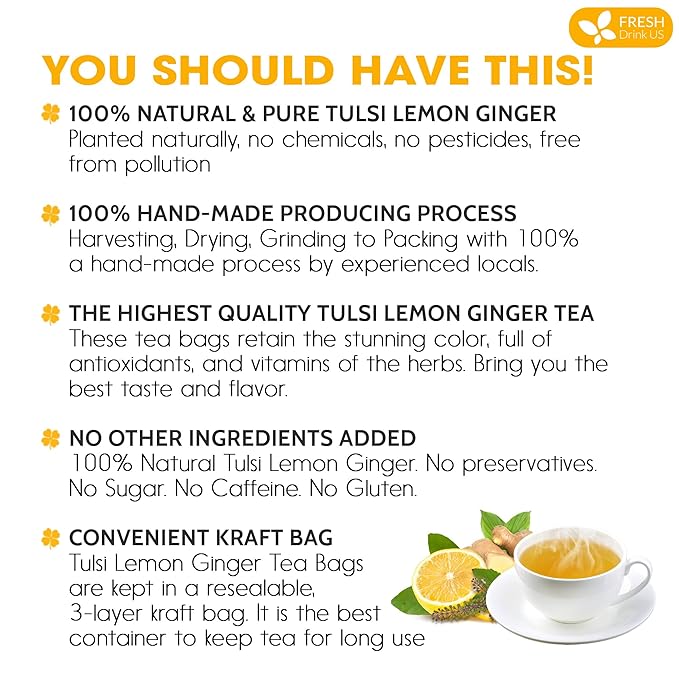 FreshDrinkUS, Premium 35 Tulsi Lemon Ginger Tea Bags, 100% Natural & Pure from Tulsi Holy Basil Leaves, Lemon and Ginger. Made with Natural Material Tea Bags. No Sugar, No Caffeine, Vegan.
