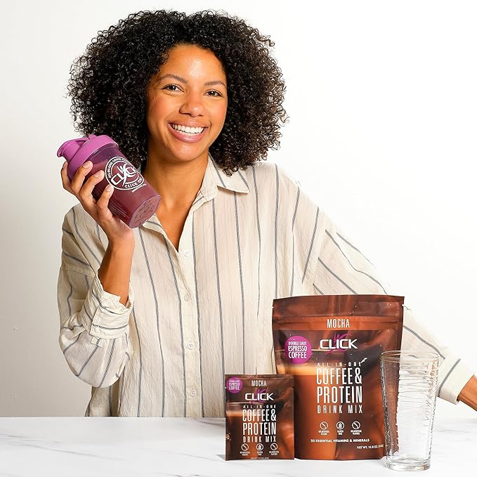 Click Coffee Protein, Protein & Real Coffee All-in-One, Meal Replacement Nutrition Drink, Mocha Flavor, 23 Essential Vitamins, Double Shot Espresso Coffee, Hot or Cold, 15.8-Ounce