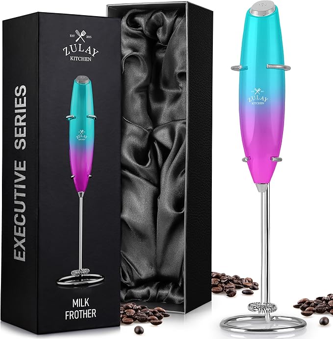 Zulay Kitchen Executive Series Milk Frother Wand - Upgraded & Improved Stand - Ideal Coffee Gift - Coffee Frother Handheld Foam Maker For Lattes - Electric Milk Frother Handheld For Cappuccino