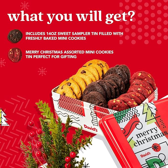 David's Cookies Merry Christmas Mini Cookies in Sweet Sampler Tin - Assorted Mini Christmas Cookies with Chocolate & White Chocolate Chip and Red Velvet - Gourmet Cookie Gift Basket for Holidays 14oz