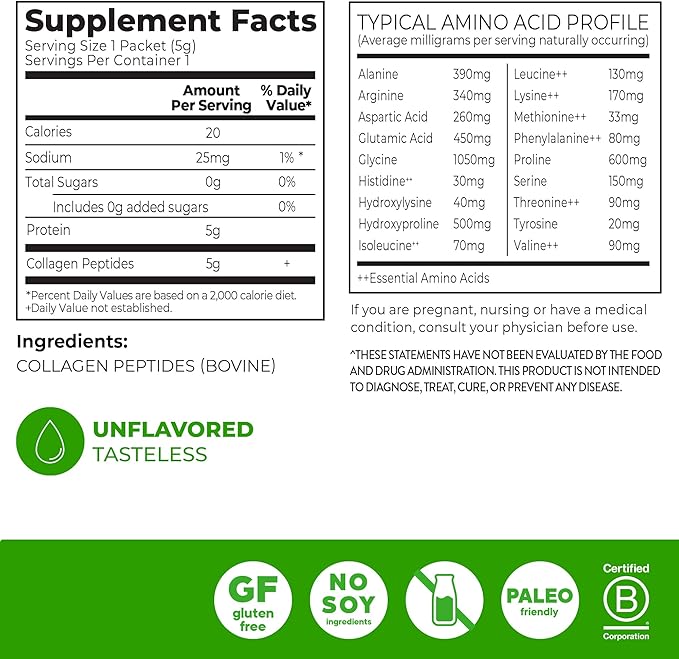 Orgain Hydrolyzed Collagen Peptides Travel Packets For Women & Men - 5g Grass Fed Collagen Per Serving, Hair, Skin, Nail & Joint Support Supplement, Non-GMO, Type I & III - Unflavored (25 Count)