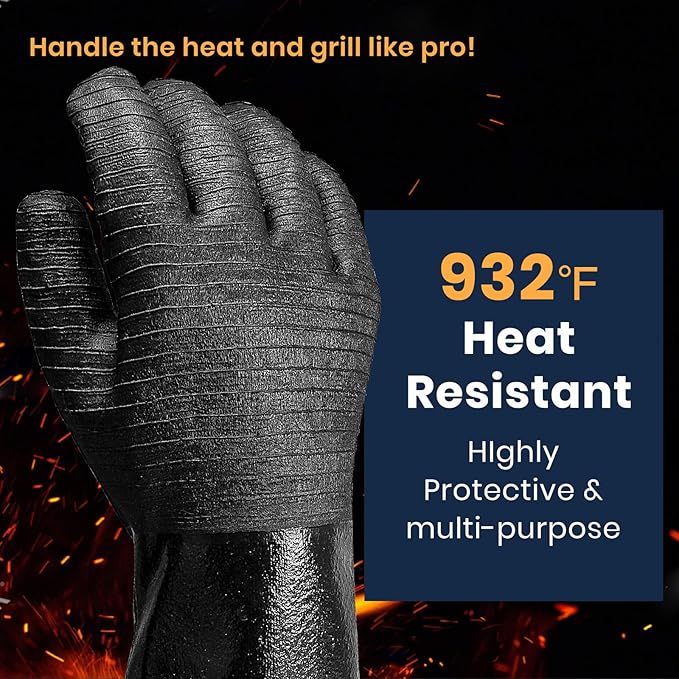 GEEKHOM 14-Inch Heat Resistant Gloves 932°F for BBQ Grilling, Waterproof Long Sleeve Anti-Slip Cooking Gloves – Textured Grip Protection