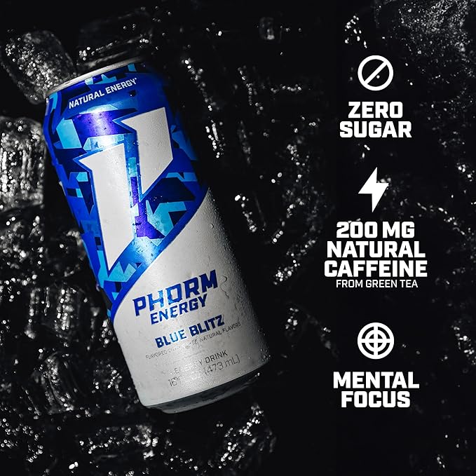 Phorm Energy Drink, Blue Blitz Flavor, 200 MG Natural Caffeine From Green Tea, Sugar Free Carbonated Drink With Electrolytes & Vitamin B12, Dairy & Gluten Free, Vegan, 16 FL Oz Cans, 12 Pack