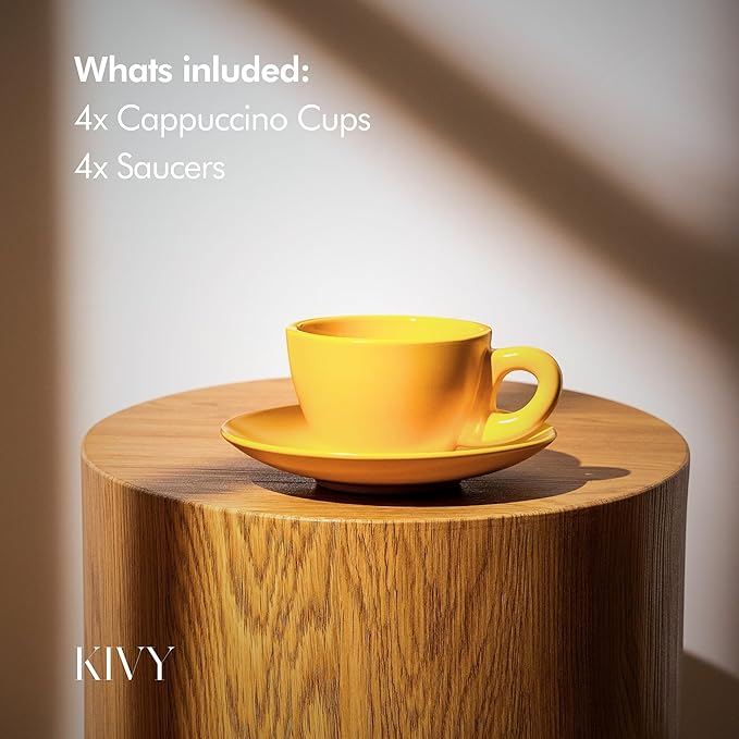KIVY Cappuccino Cups Set of 4 [Set 4x 8oz] - Thick-Walled Stoneware Cappuccino Cup Set for Latte Art - Latte Art Mugs - Italian Capuccino Cups - Capuccino Ceramic Latte Cup and Saucer - Yellow