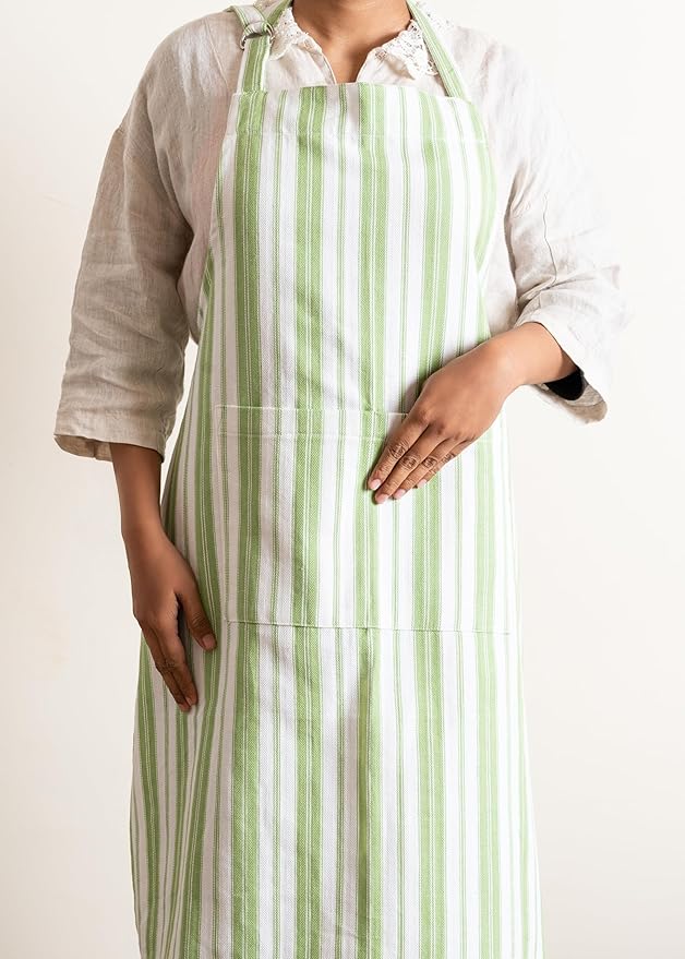 1 Oven Mitt, 1 PotHolder & 1 Kitchen Apron Set - Durable Heat Resistant Gloves - Thick Mittens for Kitchen - Suitable for Cooking, Baking, Grilling – Men & Women – Grass Green Stripes