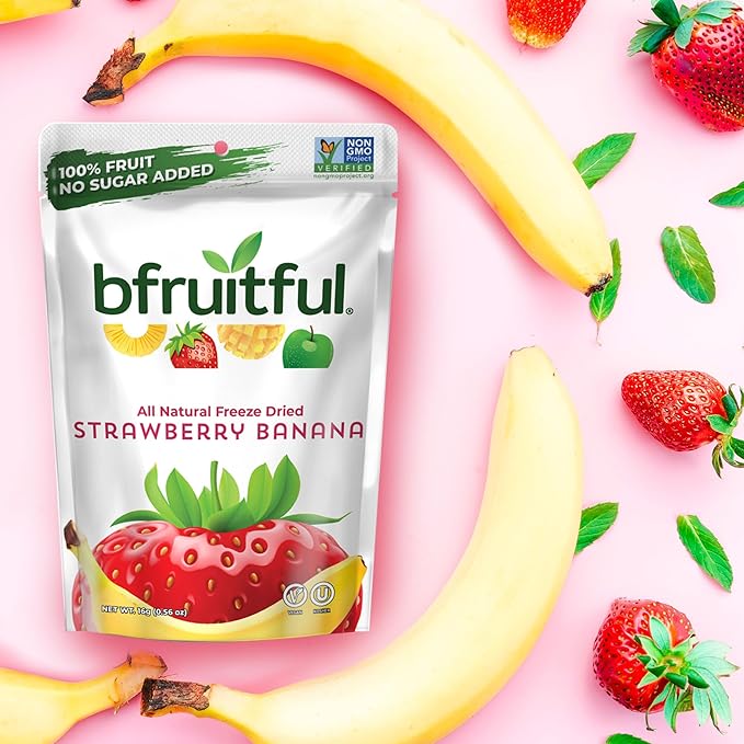 bfruitful Freeze-Dried Strawberry Banana, Freeze Dried Fresh Fruit Bites, Gluten Free, Vegan, Dairy Free, Kosher, No Sugar Added, Non GMO, Healthy Snacks for Kids or Adults, 0.56 oz Single-Serve Snack Packets, 24 Pack