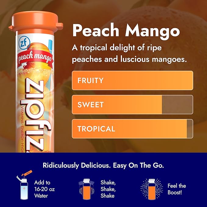 Zipfizz Daily Energy Drink Powder, Peach Mango, 20 Pack | 3-in-1 Sustained Energy, Rapid Hydration, and Essential Vitamins | Sugar-Free | Electrolyte Powder | Contains Vitamin B-12 & Antioxidants