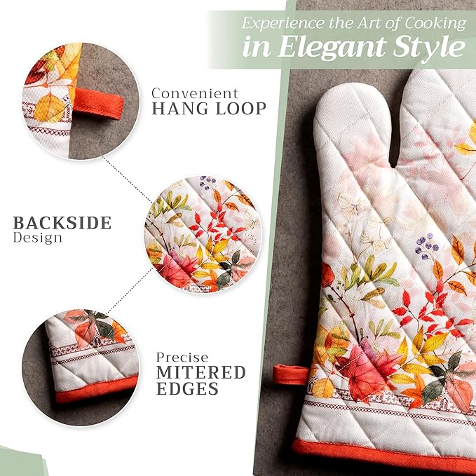 Maison d' Hermine 100% Cotton Oven Mitt & Pot Holder Set (7.5"x13" & 8"x8") Heat Resistant BBQ Cooking Gloves with Loop, Baking, Grilling, Kitchen, Handling Hot Pans (Amarante)