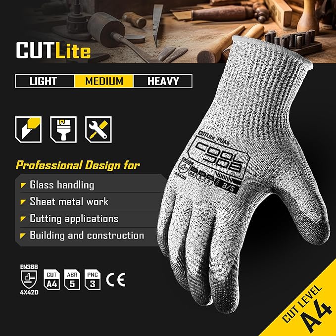 COOLJOB 12/120 Pairs Cut Resistant Safety Work Gloves with Grip, 13 Gauge Seamless Shell with PU Coating, ANSI A2 A4, Gray