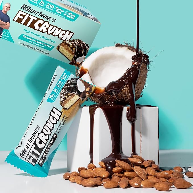 FITCRUNCH Snack Size Protein Bars, 6-Layer Baked Bar, 5g of Sugar & Soft Cake Core (9 Bars, Chocolate Coconut Almond)
