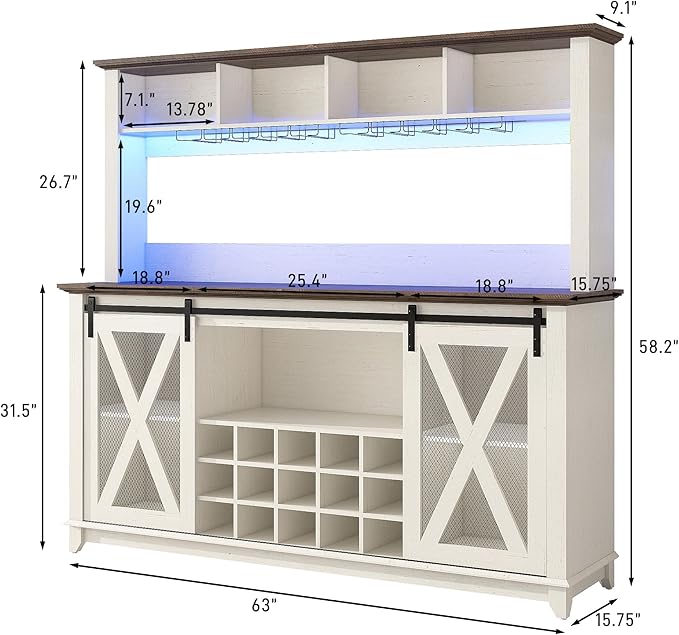 63"W Farmhouse Coffee Bar Cabinet with LED Light,Wine Bar Cabinet w/ 4 Tier Storage Hutch,Kitchen Buffet Cabinet w/Sliding Barn Door & 15 Wine and Glass Racks for Kitchen Dining Room(Antique White)