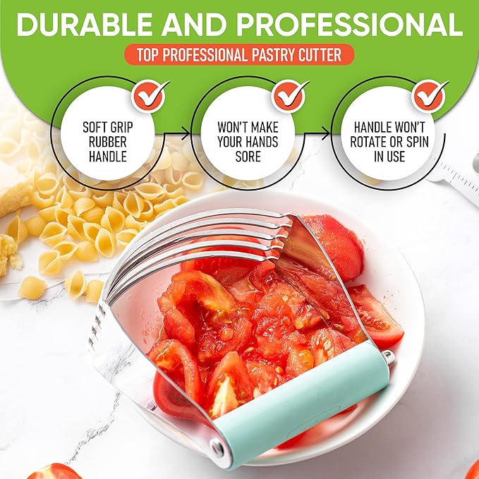 Spring Chef Stainless Steel Large Size Dough Blender For Baking, Professional Manual Dough Cutter Tool, Dishwasher Safe Puff Pastry Cutter Tool with Sharp Blades, Pastry Blender for Easy Mixing - Mint