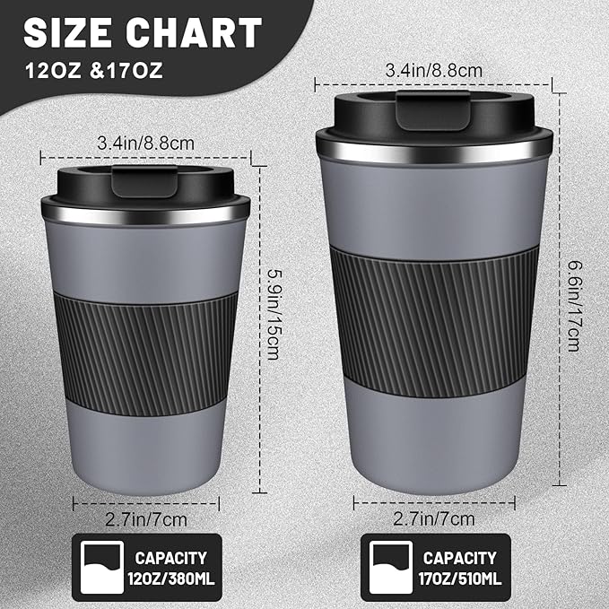 Insulated Coffee Tumblers with Flip Lid 12oz / 17oz, Stainless Steel Travel Coffee Mug Leak Proof, Vacuum Insulated Coffee Mug Reusable Cup, Keeps Cold and Hot for Coffee Tea