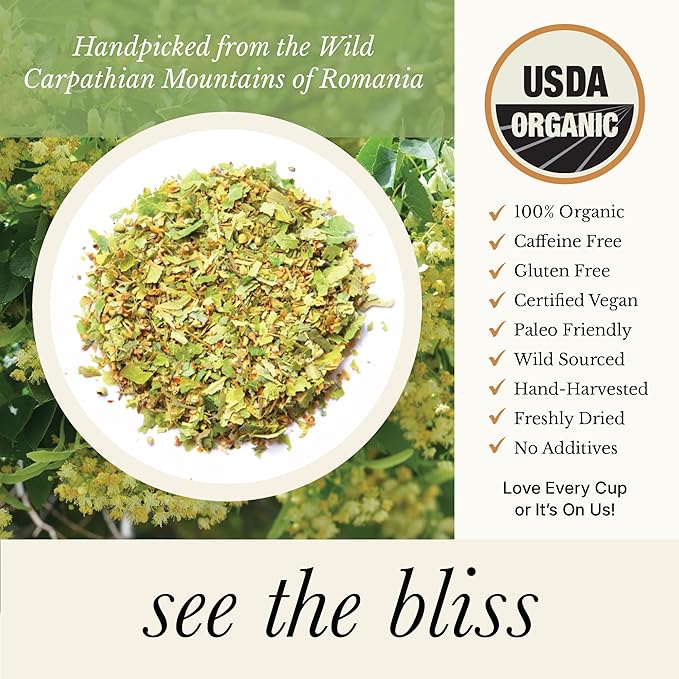Wild Bliss Organic Linden Flower Tea - Caffeine Free Calming Herbal Tea - 75 Plant Based Tea Bags