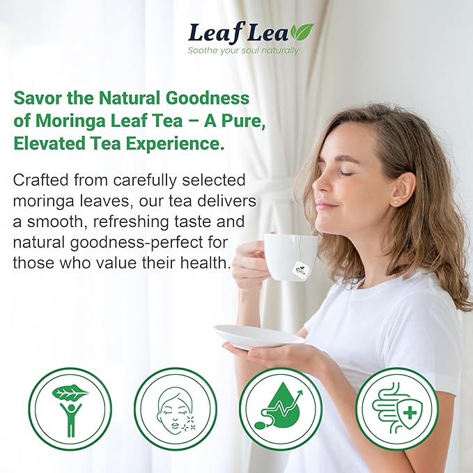 LeafLea 40 Moringa Tea Bags, 100% Natural and Pure Moringa Leaf Herbal Tea, Supports Digestion and Immune Health, Caffeine-Free, Sugar-Free, Vegan