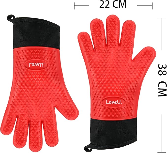 Kitchen Oven Gloves - Dual-Layer Heat Resistant Grilling Gloves, Silicone Oven Mitts with 5 Fingers, Waterproof Non-Slip Pot Holder for Barbecue, Cooking, Baking (XL-XXXL, Red Long)