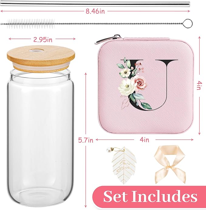 AYGXU Travel Gifts for Women Girls,Small Jewelry Organizer Box,Bridesmaid Proposal Gifts,glass cup with bamboo lid and straw,aesthetic cups,coffee cups,Graduation Gifts for Her Initial U pink