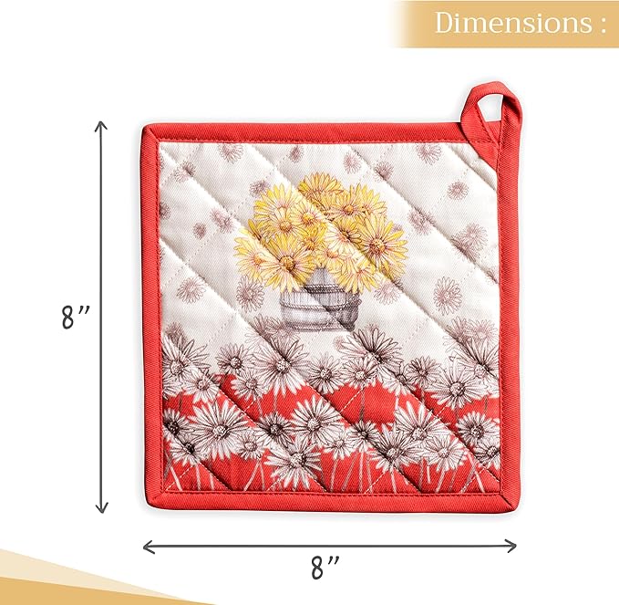 Maison d' Hermine Pot Holders 100% Cotton Heat Resistant Potholders 8" x 8" Hot Pads with Loop BBQ, Cooking, Baking, Grilling, Kitchen, Handling Hot Pans (Pack of 1, Bagatelle)