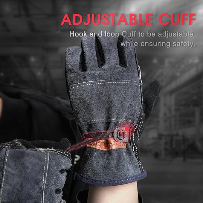 YESWELDER Leather Work Gloves for Men or Women，Suitable for welding | gardening |construction etc. Cowhide leather with cotton lining, wrist closure, grippy and durable.Reinforced palm,Black-gray M