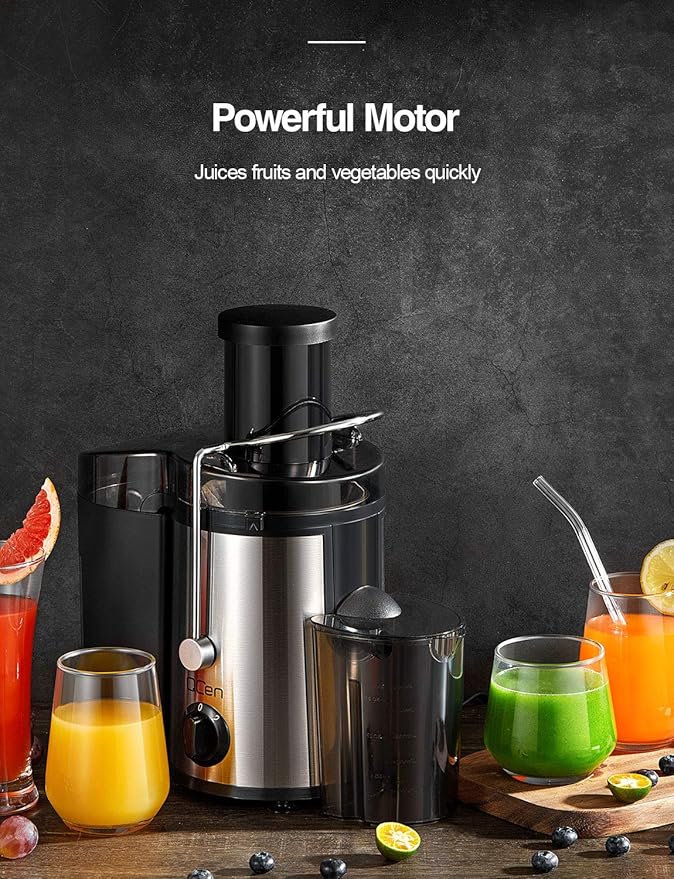 QCen Juicer Machine, 500W Centrifugal Juicer Extractor with Wide Mouth 3” Feed Chute for Fruit Vegetable, Easy to Clean, Stainless Steel, BPA-free (Black)
