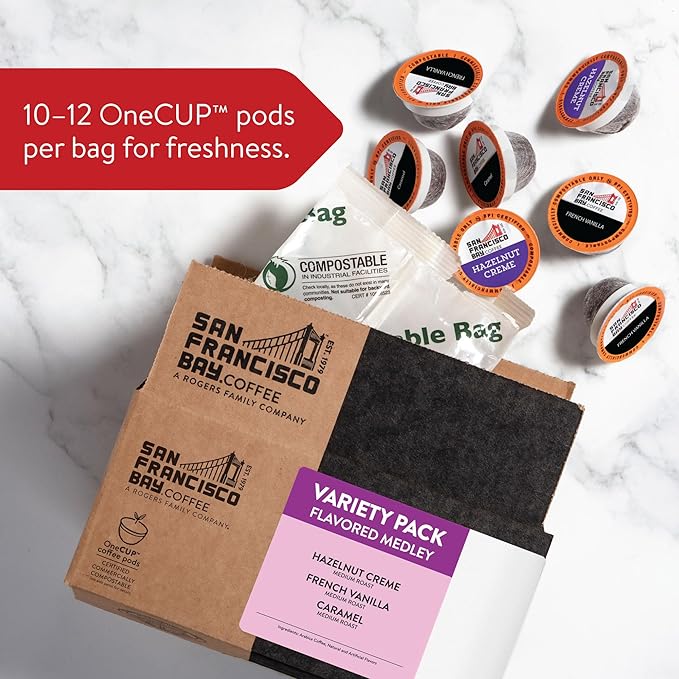 San Francisco Bay Compostable Coffee Pods - Variety Pack Flavored (40 Ct) K Cup Compatible including Keurig 2.0, Hazelnut, Cinnamon, Caramel, Vanilla Flavored Coffee