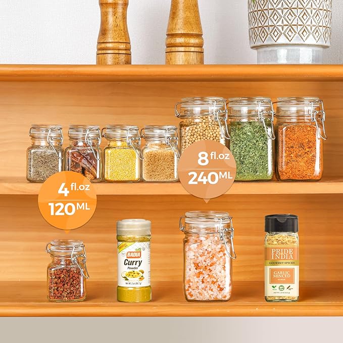 ComSaf 4 oz Glass Jars with Lid, Set of 6 Mini Airtight Glass Jars, Spice Jars, Small Mason Jar, Canning Jar Square with Seal Wire Clip Fastening, Labels & Funnels for Jam, Honey, Kitchen, Wedding