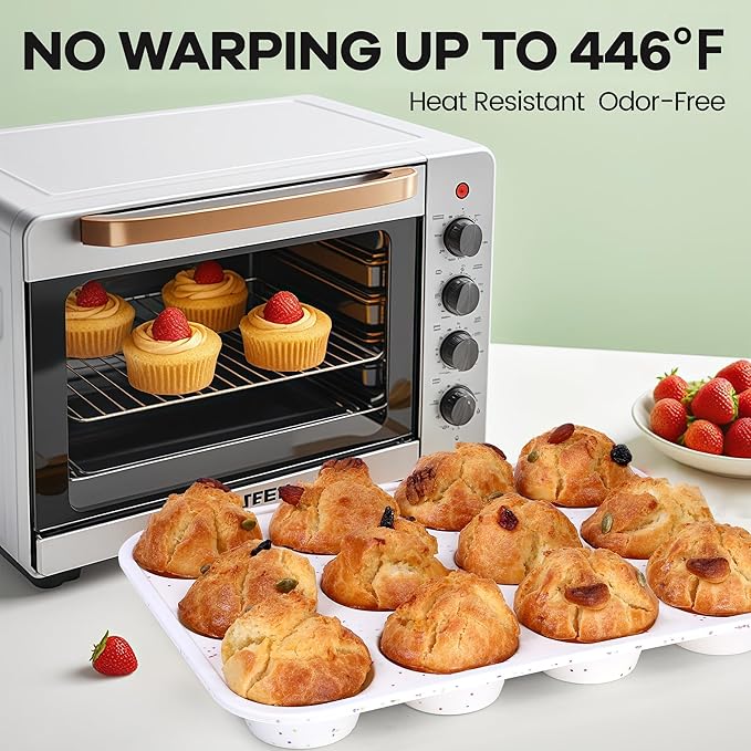Muffin Pan - 12 Cups Silicone Muffin Pan Non-Stick Food Grade Silicone Cupcake Pan for Muffins,Tart, BPA Free - Standard Cup Size - Diameter 2.8" Depth 1.2" - 1 Piece Cream with Rainbow Dots