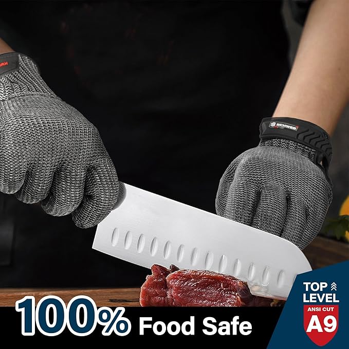 Schwer Ultimate Cut Resistant Gloves Beyond ANSI A9, Reinforced Stainless Steel Glove, Food Grade Mesh Metal Gloves for Butcher Meat Cutting, Oyster Shucking, Mandoline, Non-PFAS, PR1708 (XL, 2 PCS)