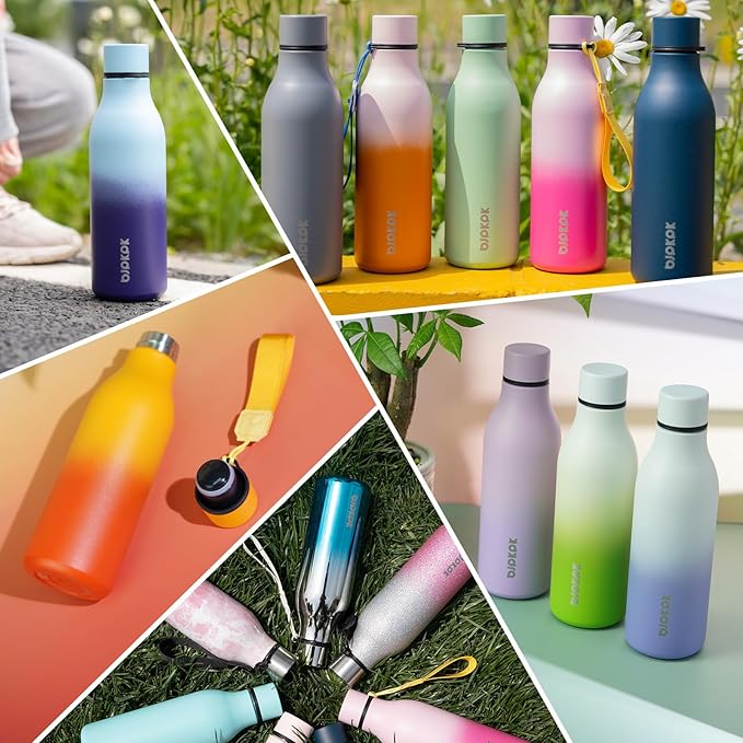 BJPKPK Insulated Water Bottles, 18 oz Stainless Steel Metal Water Bottle with Strap, BPA Free Leak Proof Thermos, Mugs, Flasks, Reusable Water Bottle for Sports & Travel, Lilac Elegance (Pack of 2)