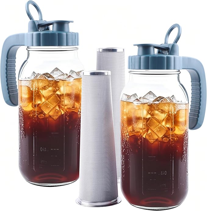 Mason Jar Pitcher With Stainless Steel Filter 64 OZ 2 Pack Wide Mouth Cold Brew Coffee Maker 2 Quart Glass water pitcher with lid Half Gallon Cold hot Tea maker For Lemonade Milk Juice Refrigerator