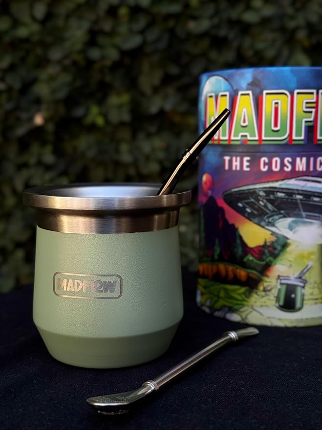 MADFLOW Yerba Mate Cup. Stainless Steel Mate Cup with 2 Bombillas. Double Wall Vacuum Insulated Yerba Mate Gourd. Unique Gourd And Bombilla Set