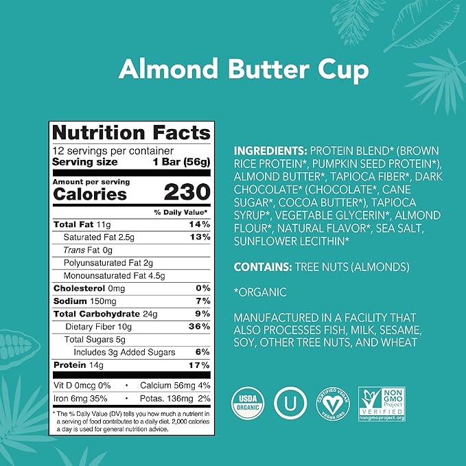 ALOHA Organic Plant Based Protein Bars - Almond Butter Cup - 12 Bars, Vegan, Low Sugar, Gluten-Free, Paleo, Low Carb, Non-GMO, No Stevia, No Erythritol
