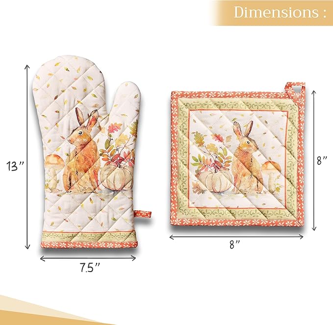 Maison d' Hermine 100% Cotton Oven Mitt & Pot Holder Set (7.5"x13" & 8"x8") Heat Resistant BBQ Cooking Gloves with Loop, Baking, Grilling, Kitchen, Handling Hot Pans (Pumpkin Passion)