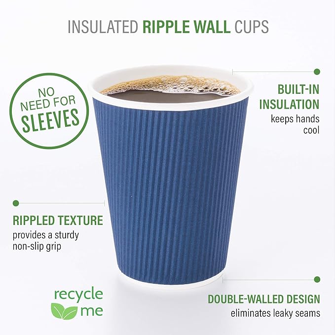 Restaurantware 8 Ounce Double Wall Disposable Coffee Cups, 500 Insulated Dark Blue Paper Tumblers Ripple Wall Design, Lids Sold Separately for Hot Drinks like Tea, Hot Chocolate, and More