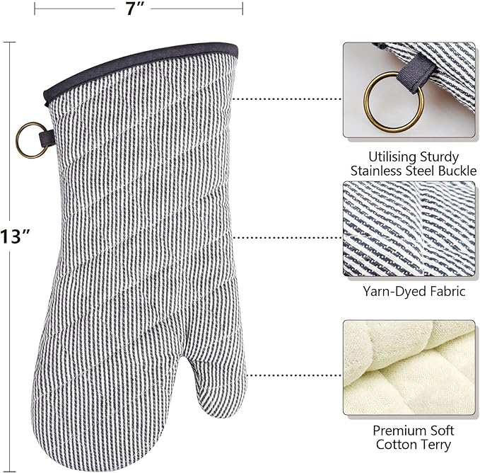 1 Pair Yarn Dyed Oven Mitts 100% Cotton Heat Resistant 470 Degree Gloves Men Women Cooking Baking Barbecue BBQ Microwave Crafting Machine Washable Pot Holders Mittens (Grey)