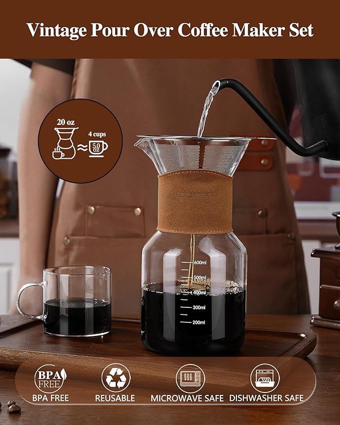 Pour Over Coffee Maker with Double-Layer Stainless Steel Filter, 20 oz Pour Over Coffee Dripper, Glass Carafe with Vintage Leather Collar and Cork Lid & Filter Stand for Espresso