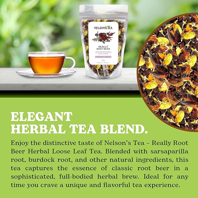Nelson's Tea Really Root Beer - Sarsaparilla Root Herbal Loose Leaf Tea; Blend of Flavors like Sarsaparilla, Sassafras Burdock, and More! - 4 oz