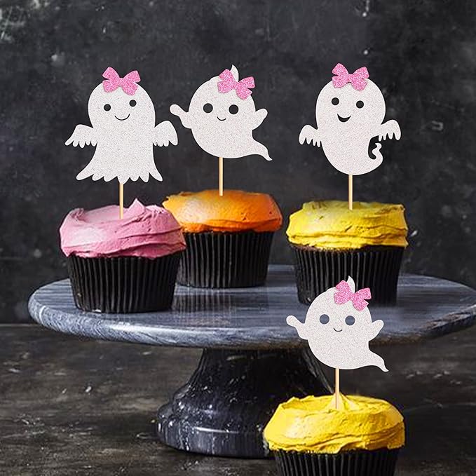 24Pcs Ghost Cupcake Toppers - Pink & White Halloween, Baby Shower, Ghost & Gender Reveal Decorations