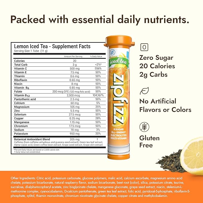 Zipfizz Daily Energy Drink Powder, Lemon Iced Tea, 20 Pack | 3-in-1 Sustained Energy, Rapid Hydration, and Essential Vitamins | Sugar-Free | Electrolyte Powder | Contains Vitamin B-12 & Antioxidants