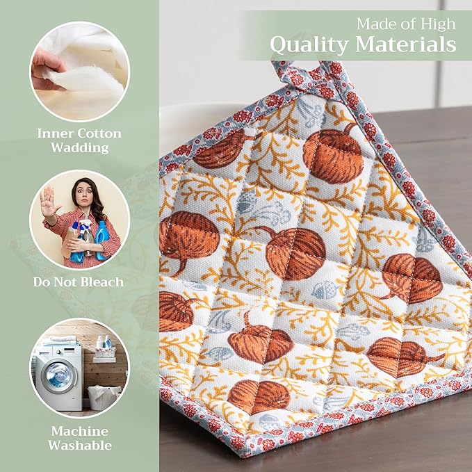 Maison d' Hermine Pot Holders 100% Cotton Heat Resistant Potholders 8" x 8" Hot Pads with Loop BBQ, Cooking, Baking, Grilling, Kitchen, Handling Hot Pans (Pack of 1, Harvest Festival)