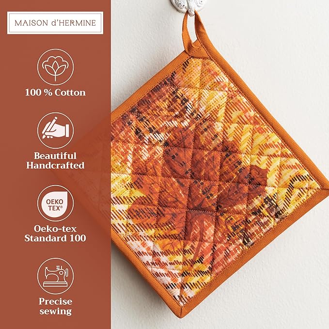 Maison d' Hermine Pot Holders 100% Cotton Heat Resistant Potholders 8" x 8" Hot Pads with Loop BBQ, Cooking, Baking, Grilling, Kitchen, Handling Hot Pans (Pack of 1, Thanksgiving Tartan)