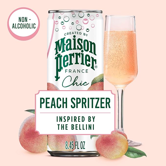 Maison Perrier Chic Peach Spritzer Flavored Sparkling Beverage, Low Calorie, Mocktail, 24-Pack