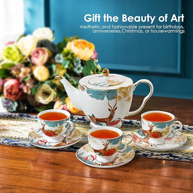 ACMLIFE Tea Cups and Saucers for 1, Bone China Teacup Set for Adults with Gold Trim and Gift Box, Deer Chinese English British Wedding Tea Set for One Coffee Cup Set 6.8 oz (Red-Deer)