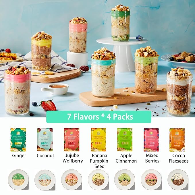 SUNGIVEN High Protein Overnight Oats Family Size Variety Pack - 7 Flavors Low Sugar Keto Instant Health Breakfast Oatmeals with Cinnamon Berries Ginger Pumpkin Seed Goji, 28-Packs, 74.1oz