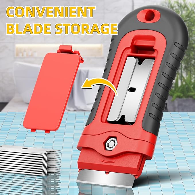 DIYSELF 1 Pack Razor Blade Scraper with 15 Extra Blades, Scraper Tool for Cleaning Window, Paint, Cooktop, Oven, Glass Stove Top Scraper, Razor Scraper with Buit-In Blade Storage