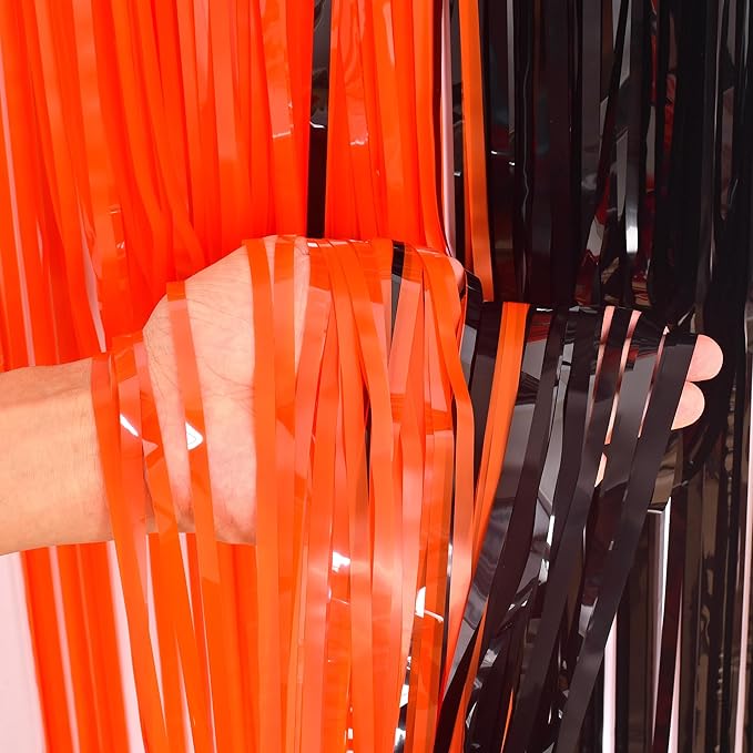 BRAVESHINE Tinsel Photo Backdrop Curtains - 2 Pack 3.2x8.2ft Black Orange Foil Fringe Streamer Curtain for Birthdays, Halloweens, Basketball, Pumpkins, Home, Indoor or Outdoor Party Decorations
