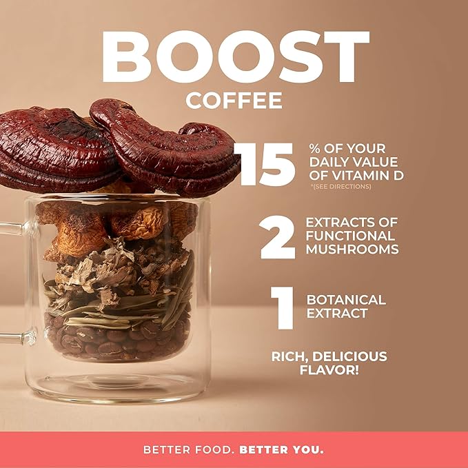 Laird Superfood Boost Coffee, Medium Roast Ground Beans Infused with Functional Mushrooms, Vitamin D and Olive Leaf Powder, 12 oz. Bag (Pack of 2)