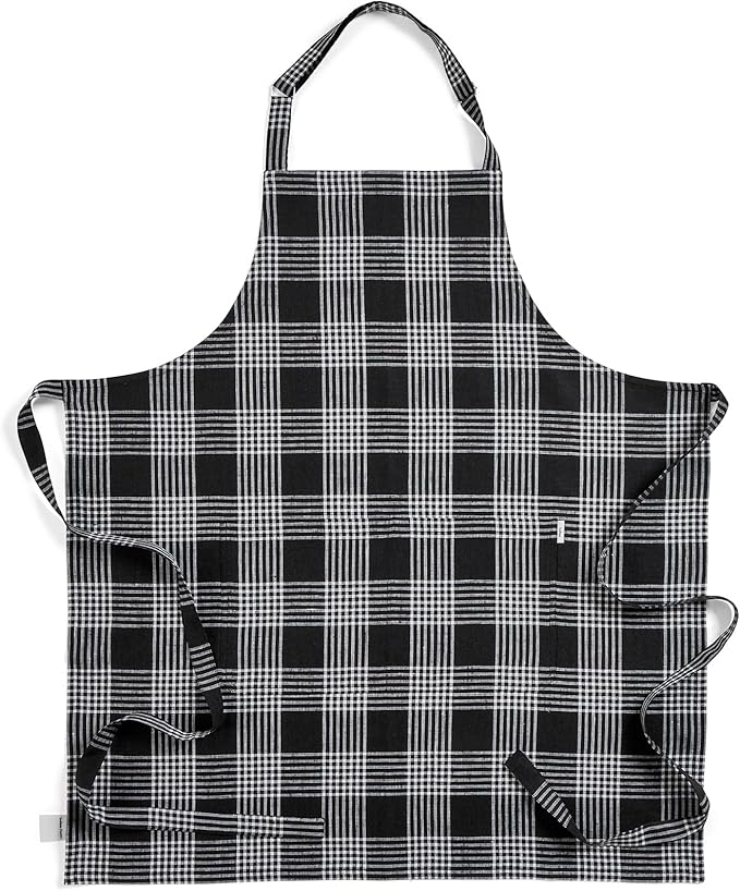 Solino Home Linen Bib Apron for Men & Women - Black and White Plaid Kitchen Apron with Front Pockets - Handcrafted from European Flax