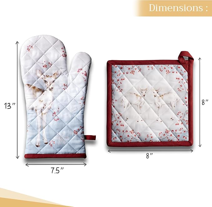 Maison d' Hermine 100% Cotton Oven Mitt & Pot Holder Set (7.5"x13" & 8"x8") Heat Resistant BBQ Cooking Gloves with Loop, Baking, Grilling, Kitchen, Handling Hot Pans (Fairytale Forest)